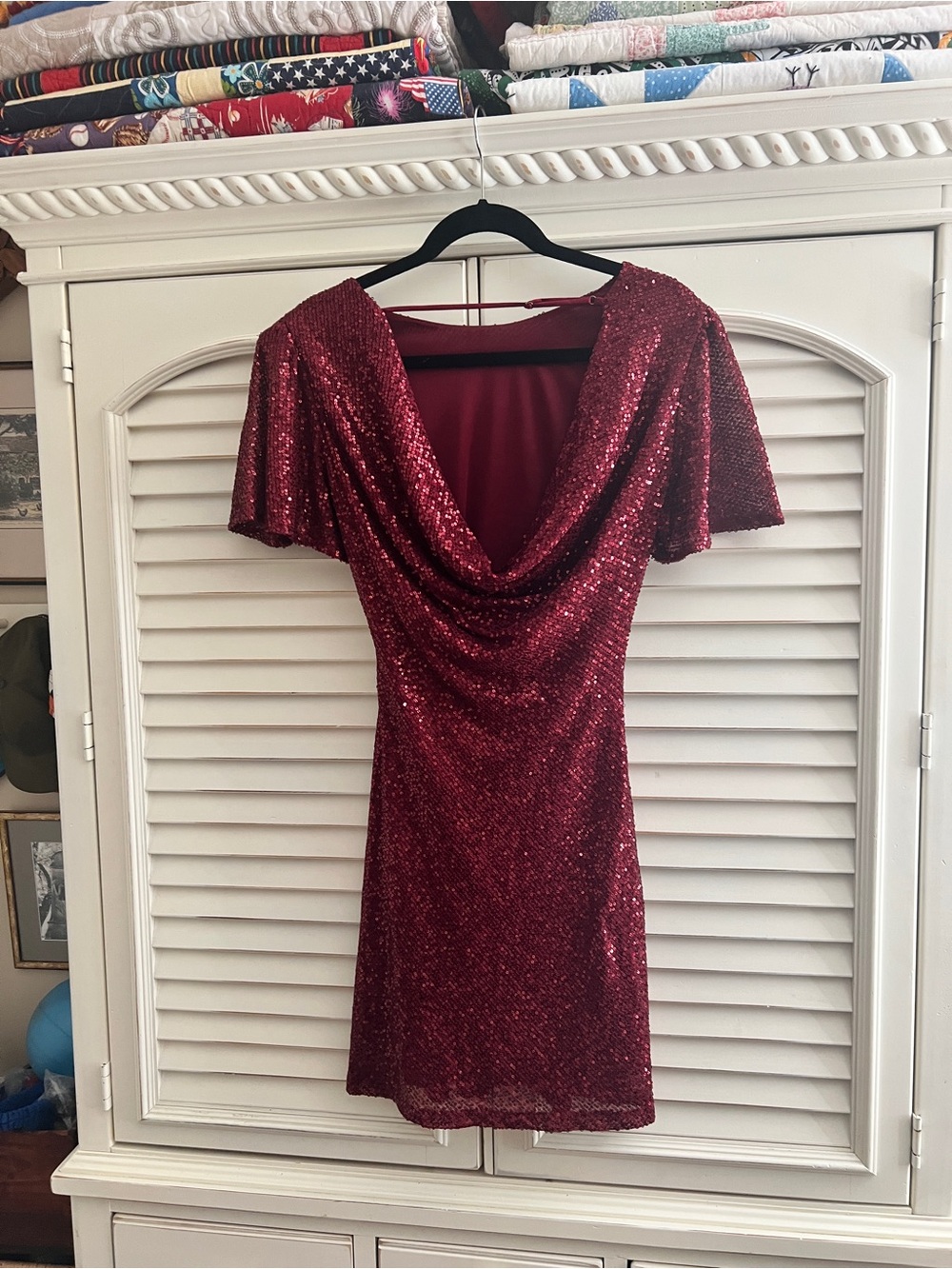 ASTR Red Sequin Backless Cowl Neck Dress